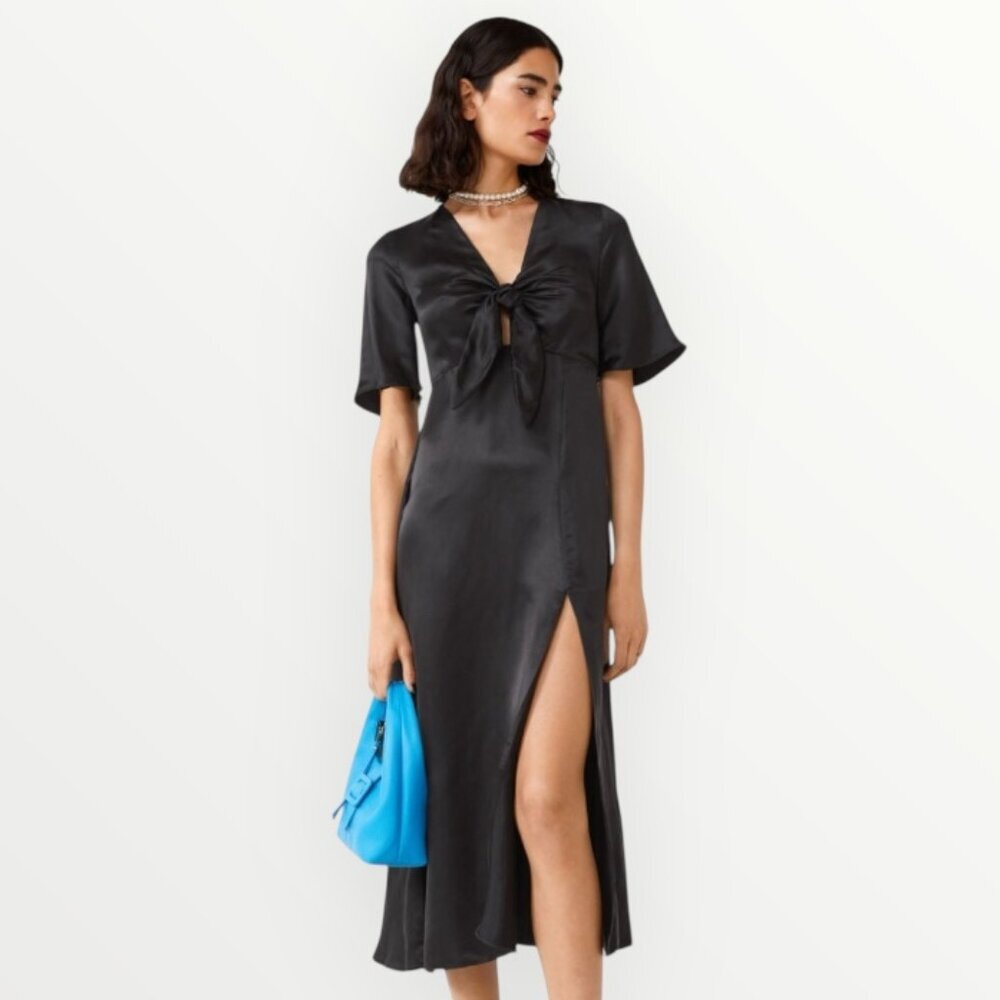 & Other Stories Flutter Sleeve Satin Midi Dress in Black